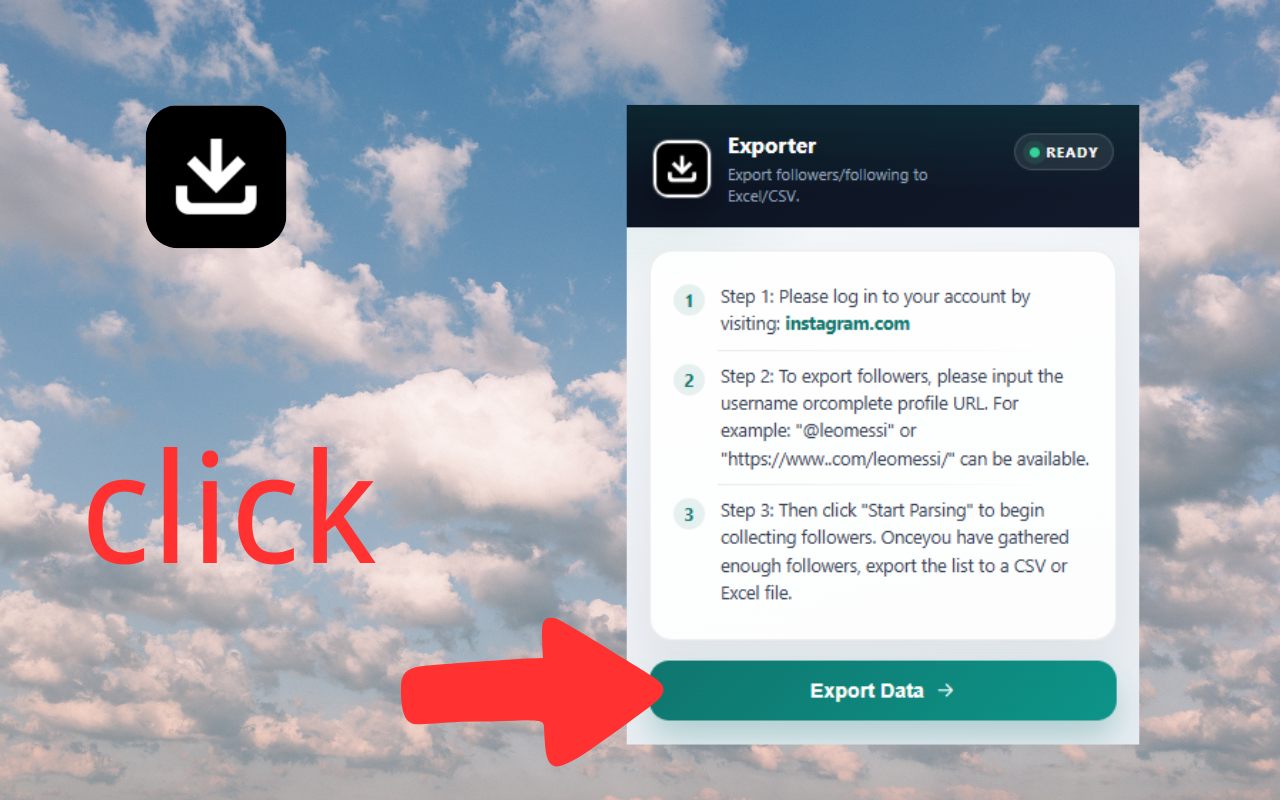 IG Exporter popup with three steps and an Export Data button